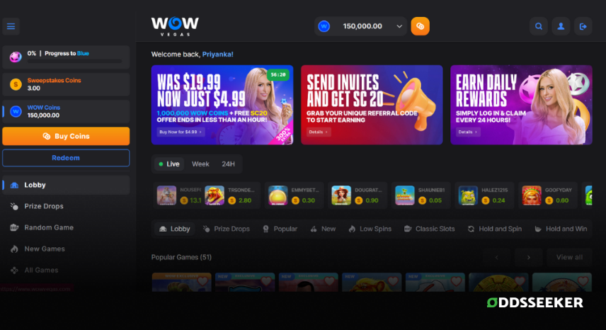 A screenshot of the desktop login page for WOW Vegas Casino